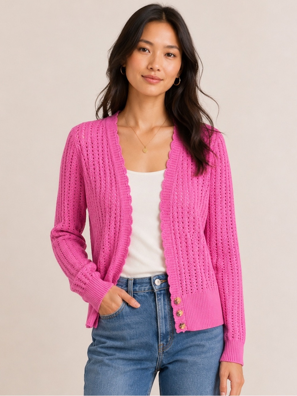 Charter Club Pink Pointelle Cardigan Scallop Trim Puff Sleeve Sweater Small
